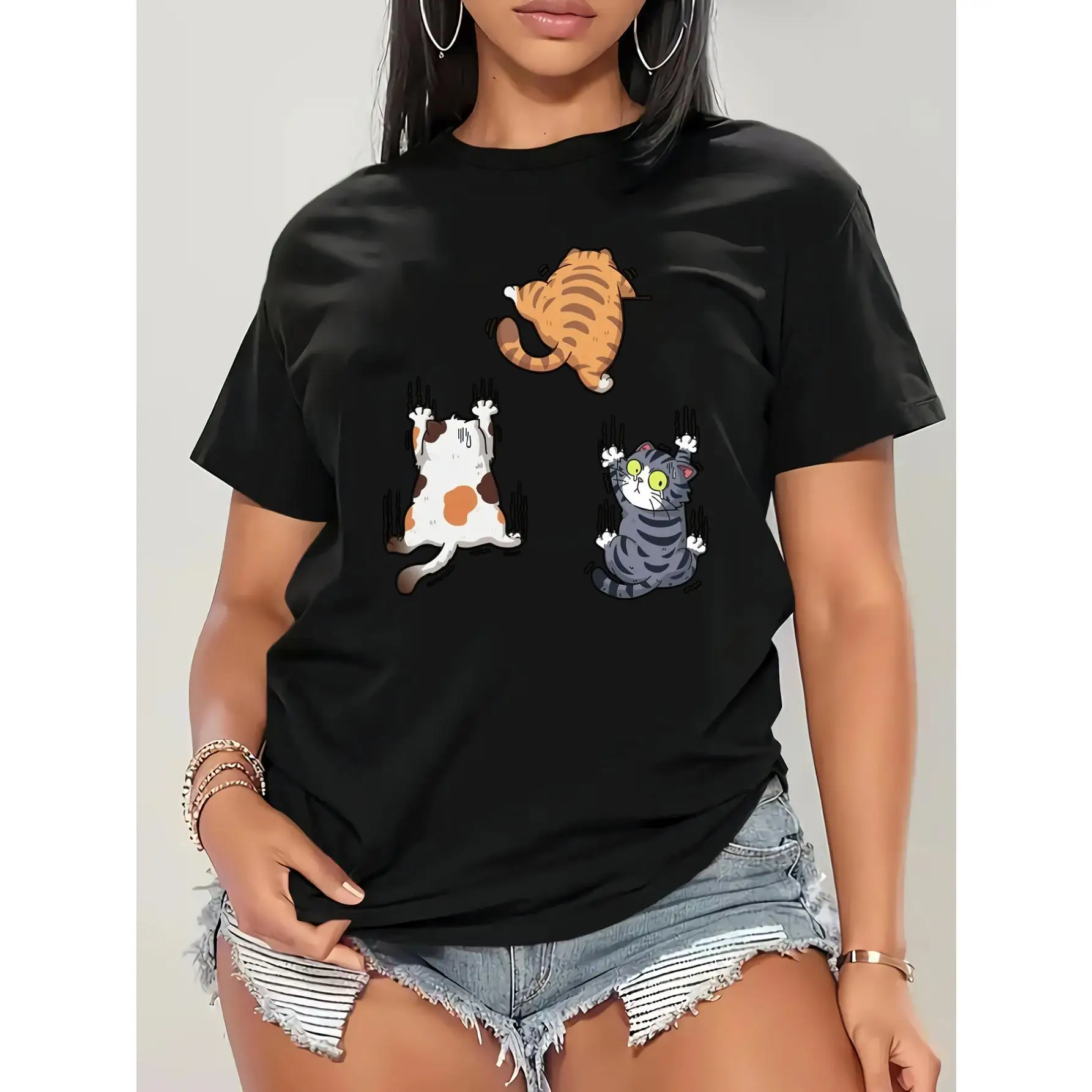 

Cat Print T-Shirt, Casual Crew Neck Short Sleeve Top For Spring & Summer, Women'S Clothing