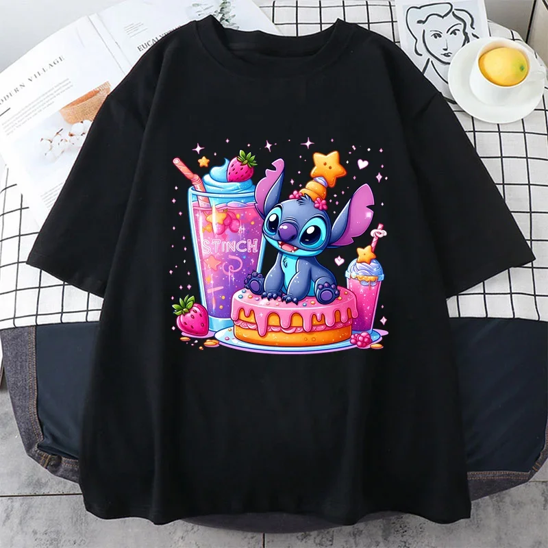 Funny Disney Stitch Anime Pattern T-shirt Printing Harajuku Summer Fashion Women Casual O-neck Black Short Sleeve Top Unisex