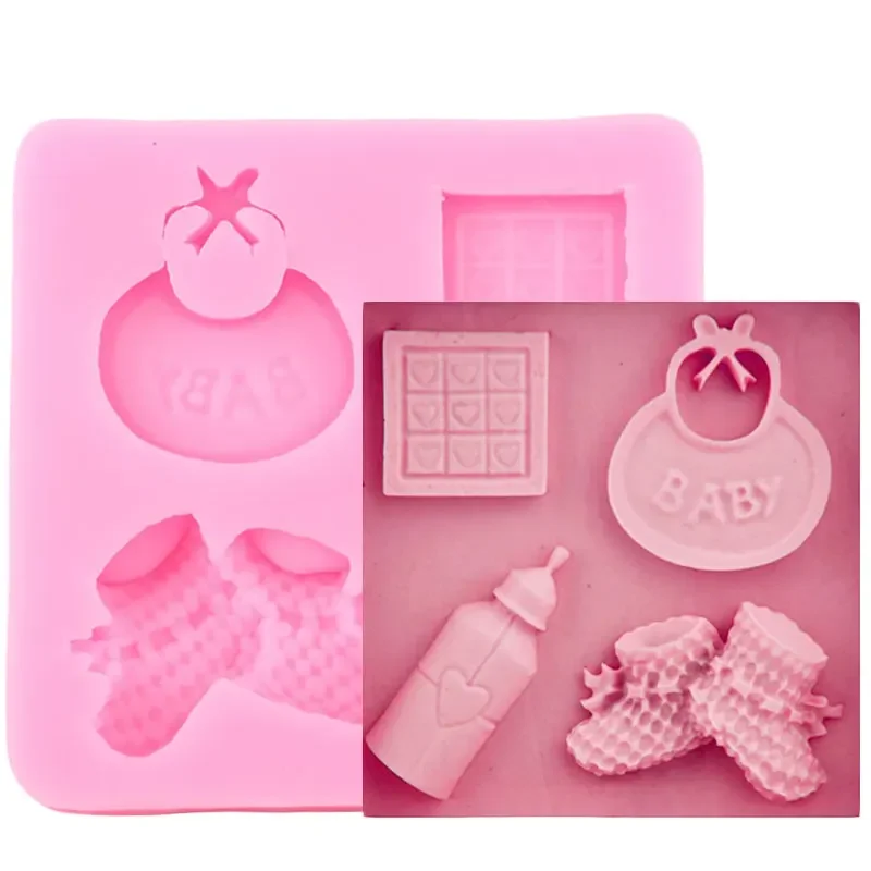 Baby Shoes Bib Baby Bottle Silicone Mold Baby Birthday Cake Decorating Tools Candy Chocolate Fondant Molds Cake Border Moulds