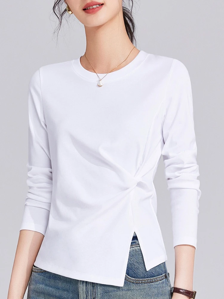

2025 New Ruched Tshirt Women Asymmetric Hem Long Sleeve Slender Silhouette Round Neck Indie Chic Basic Top Spring Autumn Y2k Top