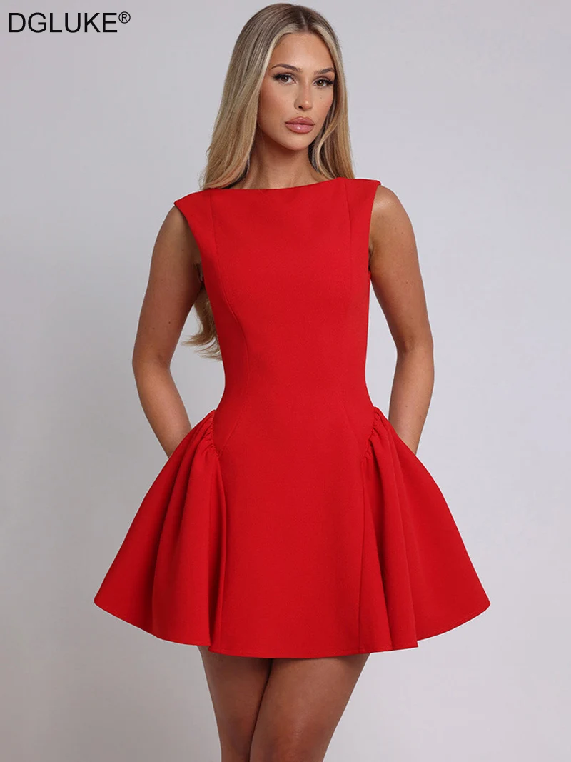 DGLUKE Elegant Red Mini Dress Women Boat Neck Sleeveless High Waist A-line Dress Backless Pleated Short Prom Party Dresses