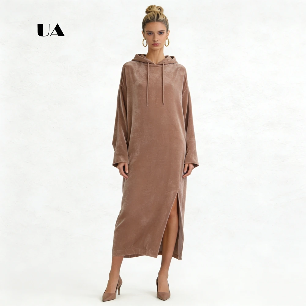 ULBYANRY Velvet Hooded Loose Prom Dress Solid Long Sleeve Draw String Evening Dress for Woman Simple Slit Customized Party Gown