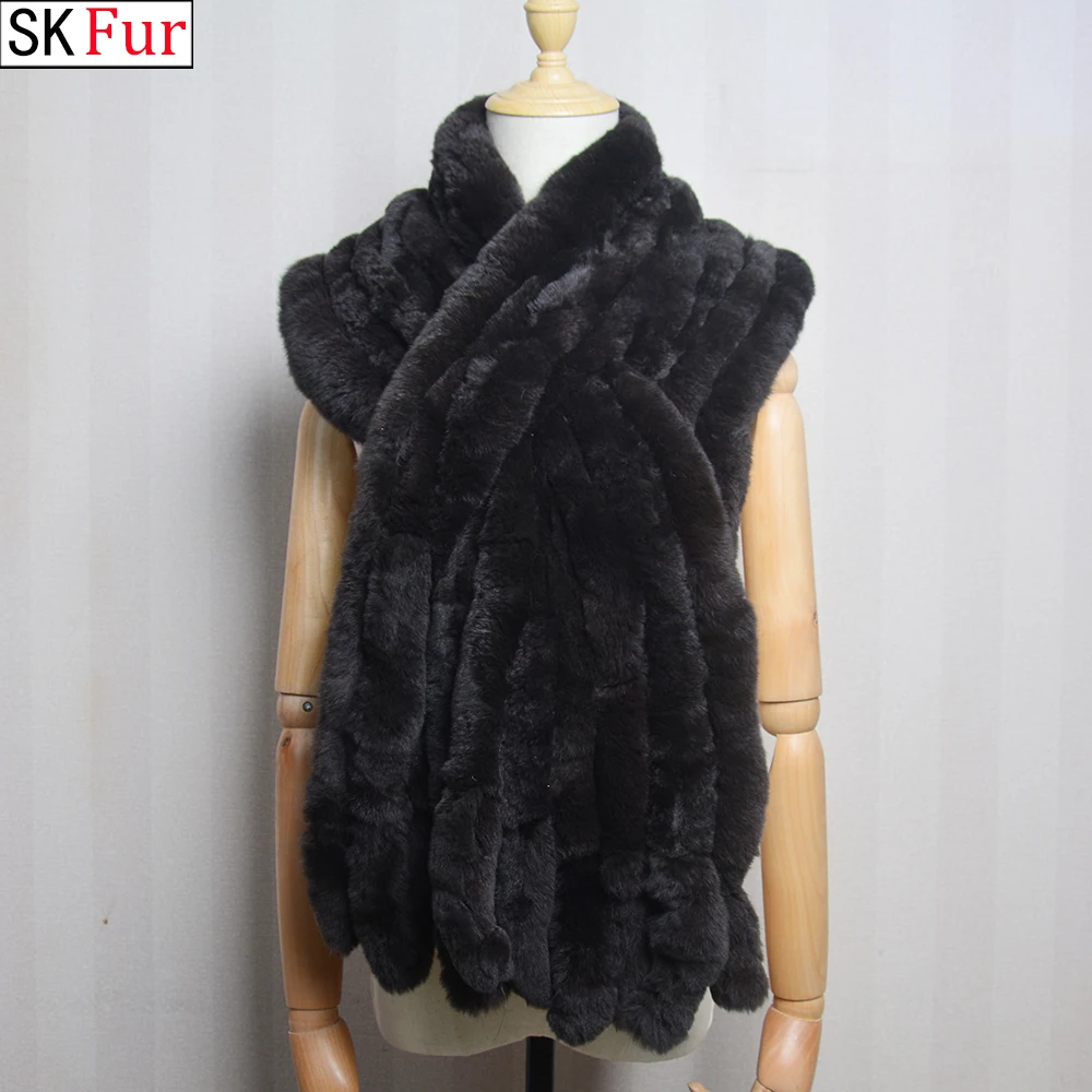 Hot Sale Long Style Real Genuine Rex Rabbit Fur Scarf Winter Knitted Rex Rabbit Fur Ring Scarves Women Rex Rabbit Fur Mufflers