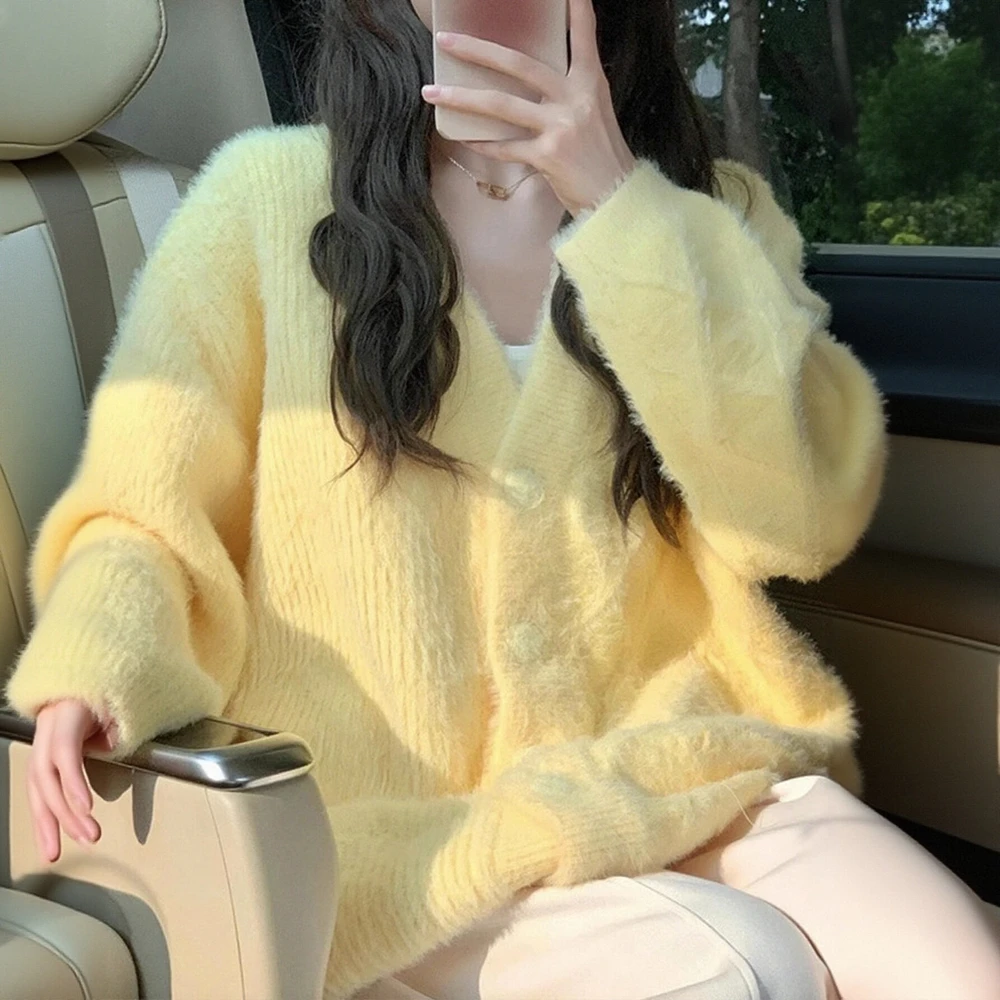 

Женский толстый вязаный свитер средней длины, кардиган молочно-желтого цвета, свободная утягивающая верхняя одежда в корейском стиле на осень и зиму