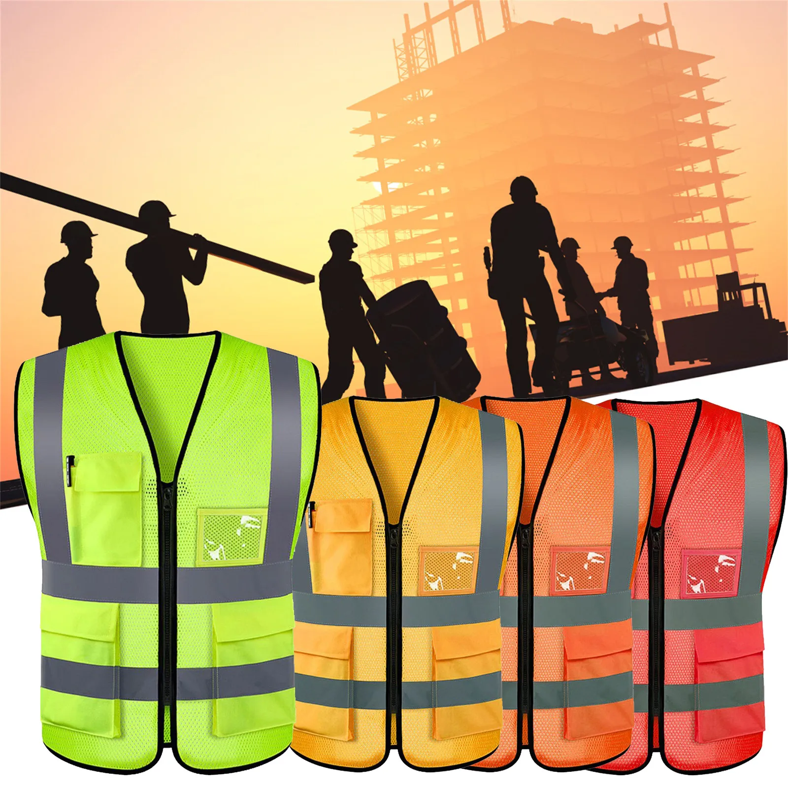 Mesh Safety Vest For Men Reflective Vest Motorcycle Multi Pockets Construction Vest Orange Black Safety Vest