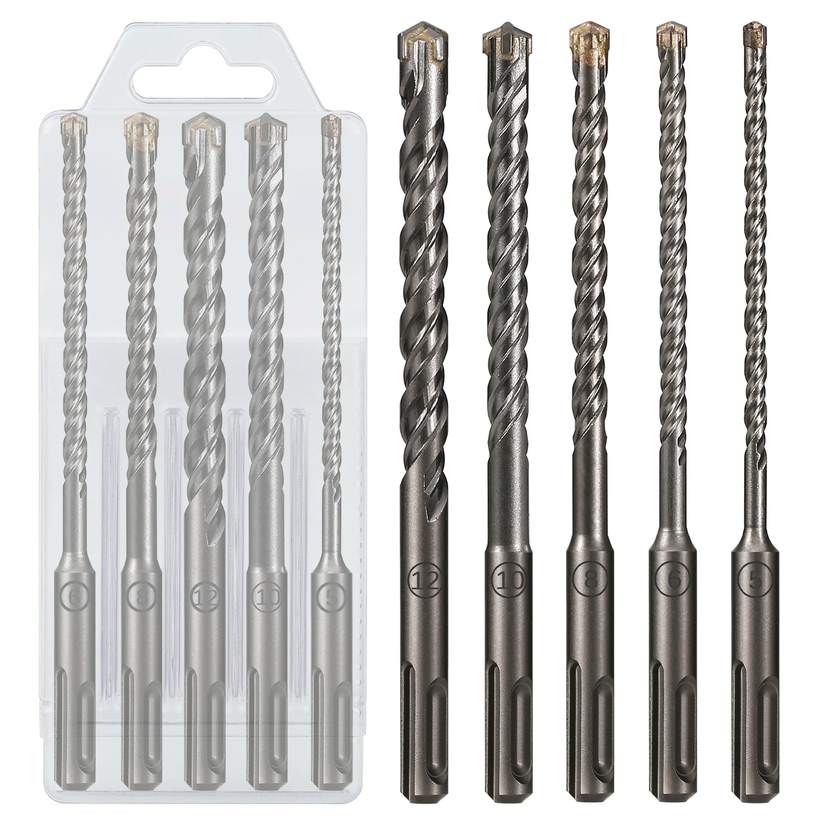 5Pcs 5-6-8-10-12mm SDS PLUS Shank Electric Hammer Carbide Drill Bits 160mm Length For Concrete Wall Granite Masonry Brick Stone
