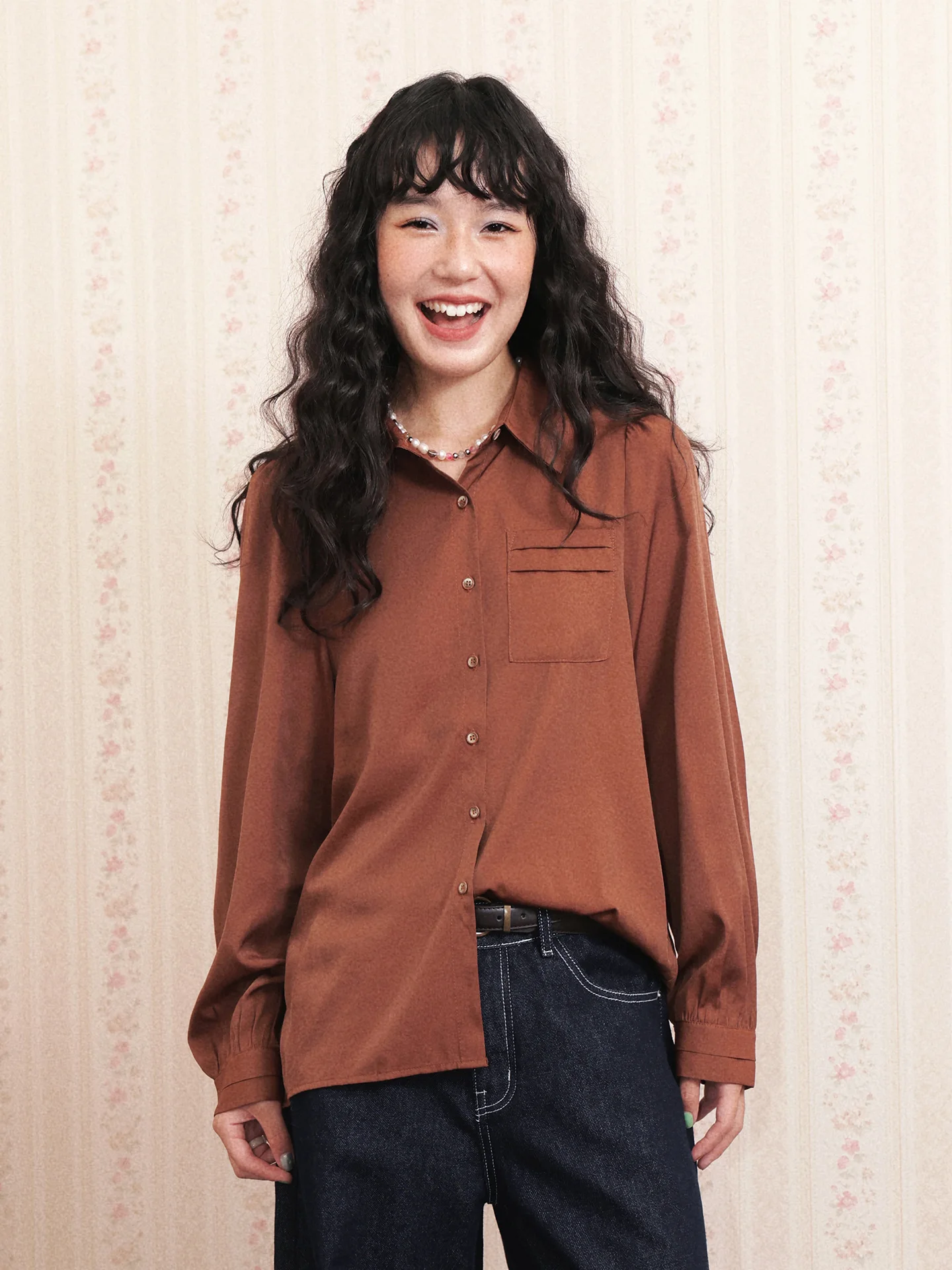 

Chtry Girl Brown Wind Old Dr Women's Long Sve irt Pleated oulder Fit Autumn Winter Vintage Aosphere Top