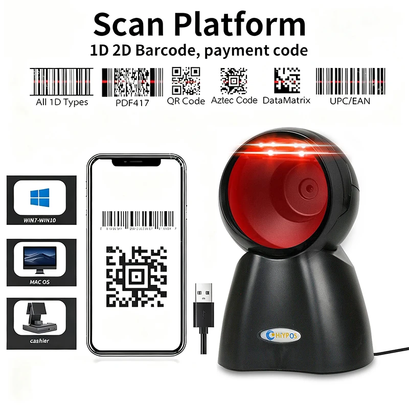 

2D настольный сканер штрих-кода, всенаправленный проводной USB-считыватель штрих-кодов без помощи рук, 1D QR-экран, сканирование штрих-кодов