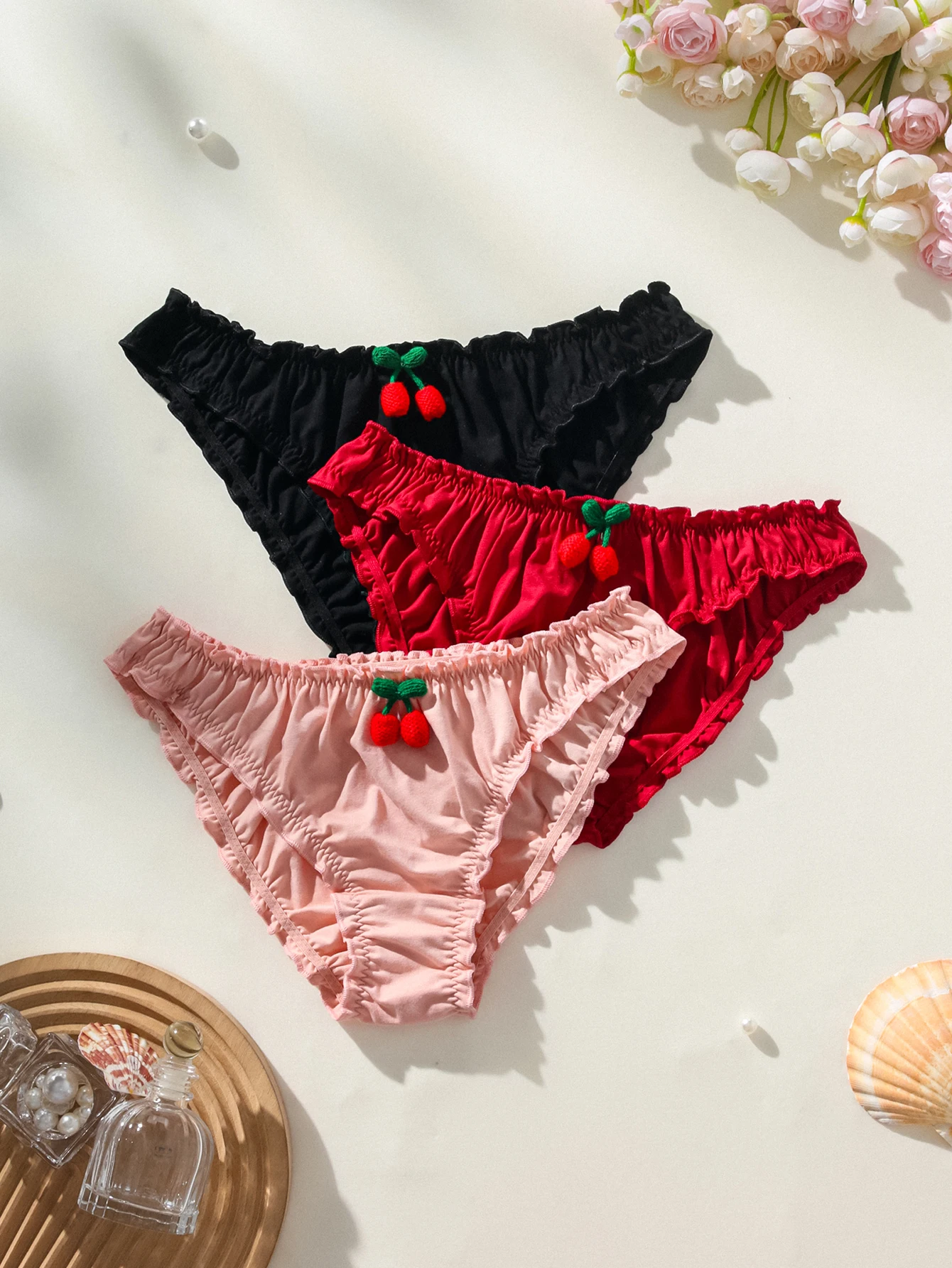 3-Pack Random Color Pleated Lace Three-Dimensional Cherry Women's Underwear Suitable for Daily Dates
