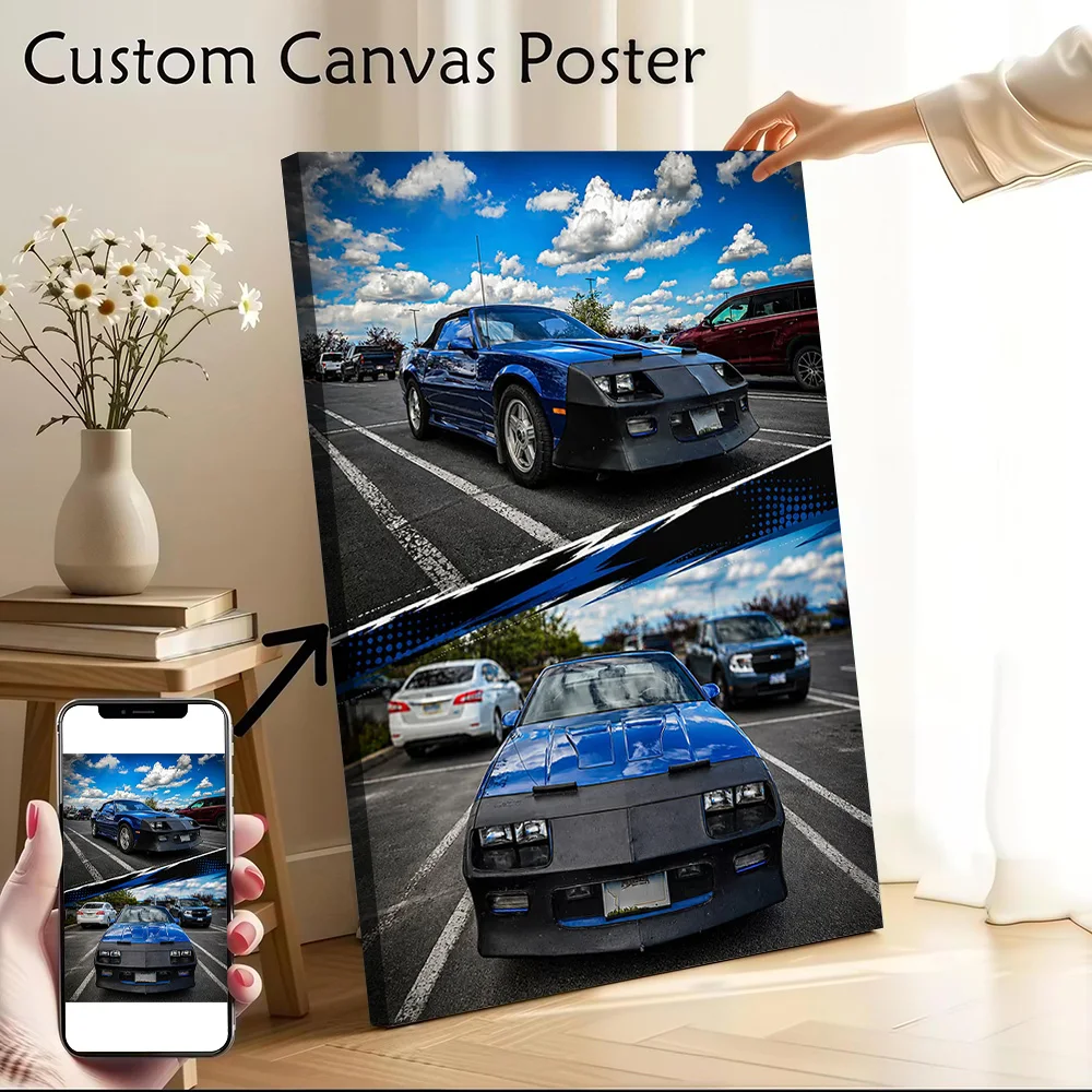 Blue Convertible Camaro in Parking Lot Printed Canvas Poster Personalized High Quality Wall Art Paintings for Room Ornaments
