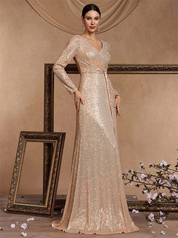 knee length dresses for ladies Mac Duggal - Sequined V Neck Illusion Sleeve A Line Gown main image 0