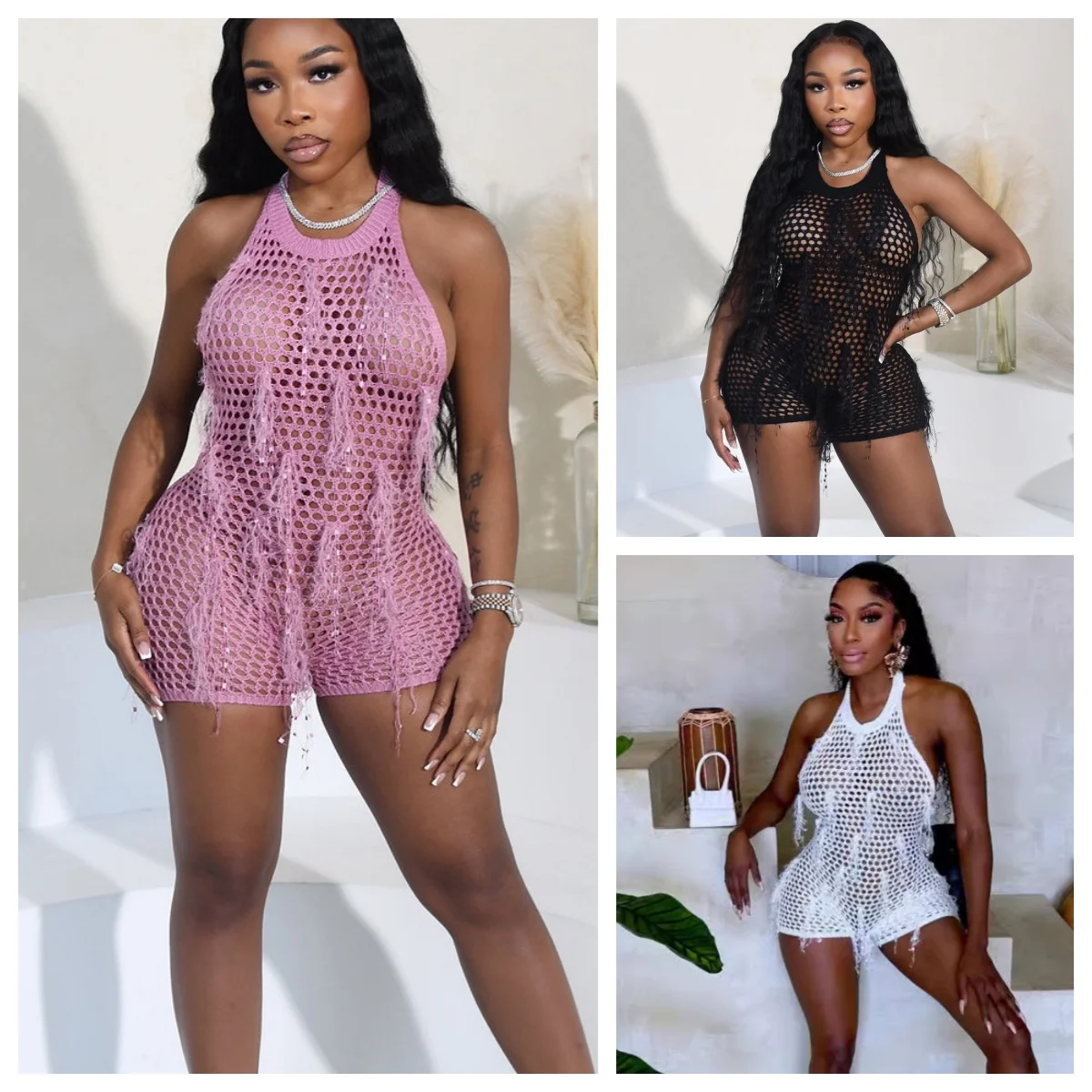 Hottie Girls Y2K Sleeveless Sexy Tassel Summer Rave Party Playsuits Fishing Net Cutout High Waist Tight Fit Solid Jumpsuits