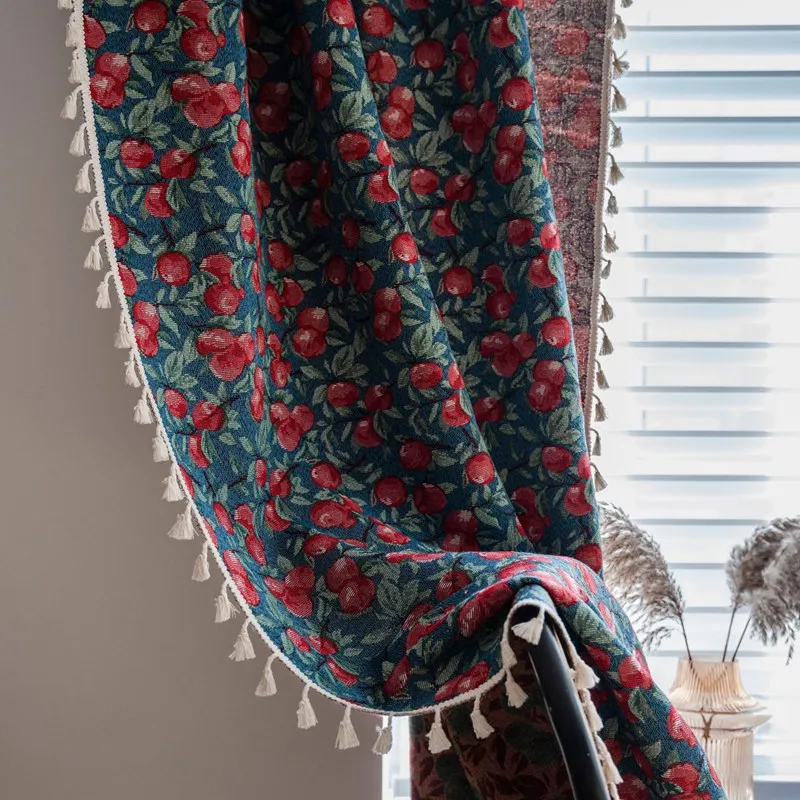 Red Cherry Jacquard Tassels Curtain Thick Blackout Curtains Semi-shading Decor Drapes Bedroom Living Room Kitchen Valance