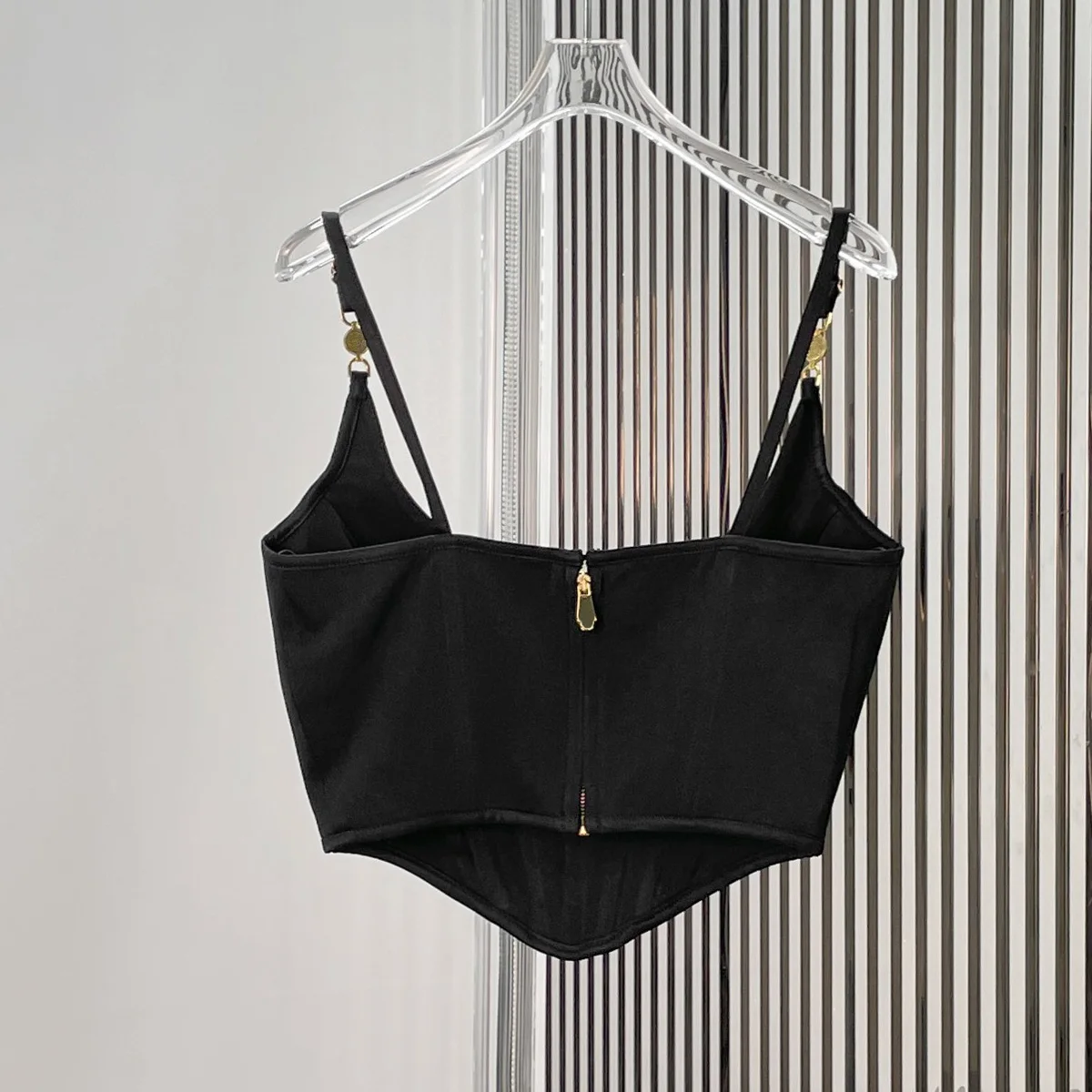 High Quality Women Corset Camisole Top Gold Chain Adjustable Spaghetti Strap Back Zipper V‑Shape Hem Cropped Tank Top lyt133624