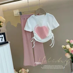 Summer Girl Casual Clothes Sets Children Short Sleeve Tops+Wide-Legged Pants 2Pcs Suit Kids Clothes Fashion Tighten Waist Outfit