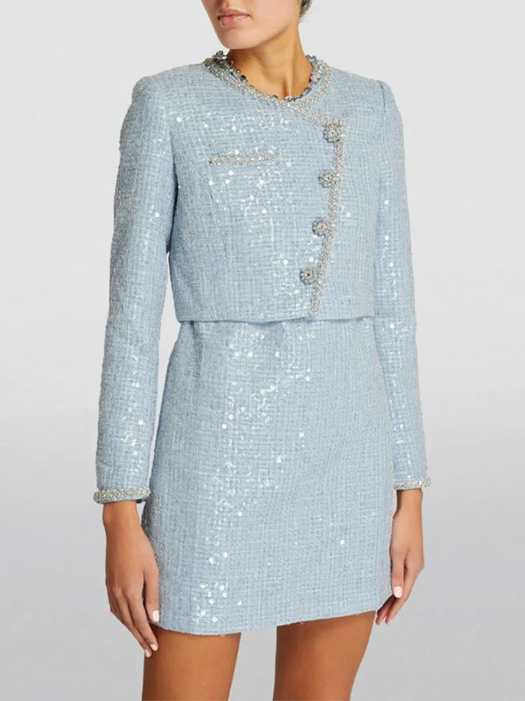 y2k spring/summer round neck slant placket sequin drill button jackets for women2023 high waist tweed midi dresses short sets