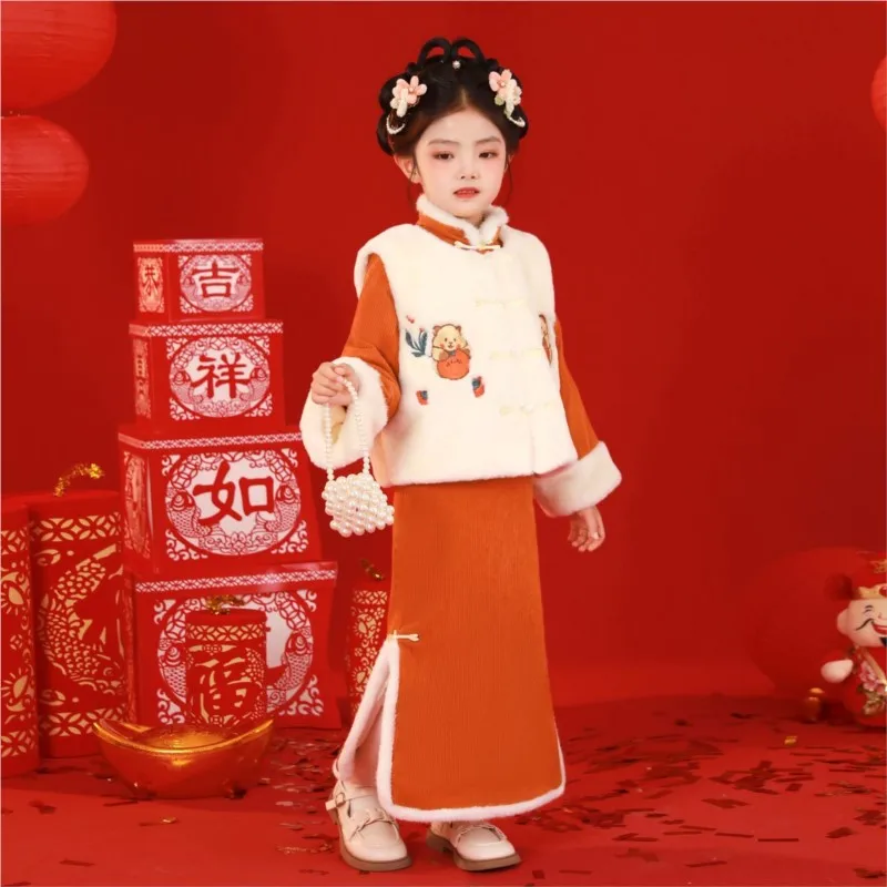 

Новая китайская юбка Ципао для девочек, жилет, комплект из 2 предметов, детская новогодняя одежда, оригинальное платье Тан, юбка Cheongsam Hanfu,LI974