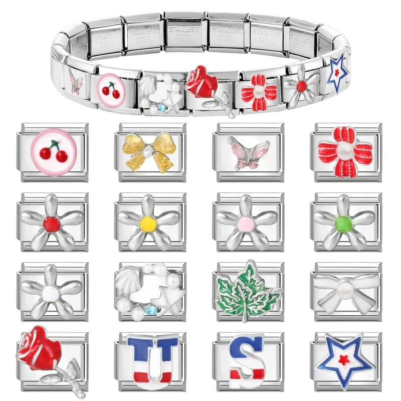 2026 Fashion 9mm Width Romantic Red Color Rose Flowers Italian Charm Bracelet Stainless Steel Jewelry Making DIY Gift Wholesale