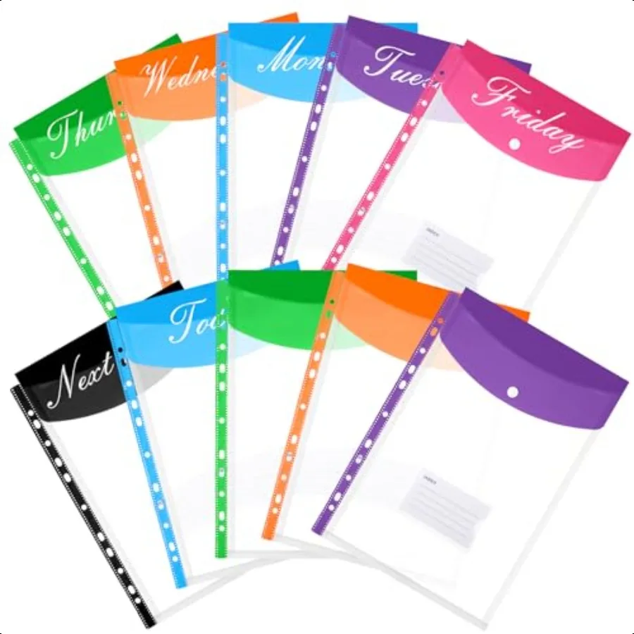 

10 Pcs Weekly Plastic Envelopes Binder Pocket Back to School 11 Holes Expandable Folders A4 Punch Binder Pocket for 2 3 4 Ring