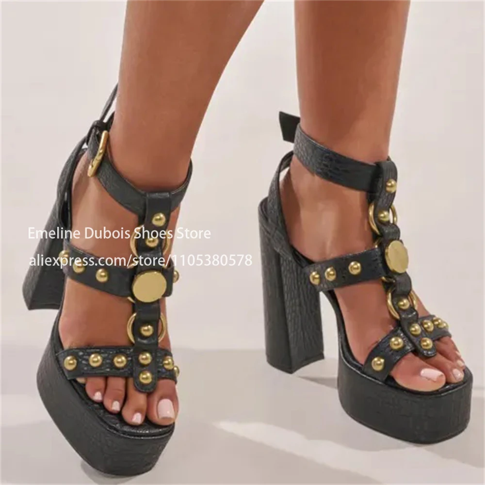 

Chocolate Studded Platform Chunky Heel Sandals Open Toe Ankle Buckle High Heel Sandals Gothic Punk Party Club Street Women Shoes