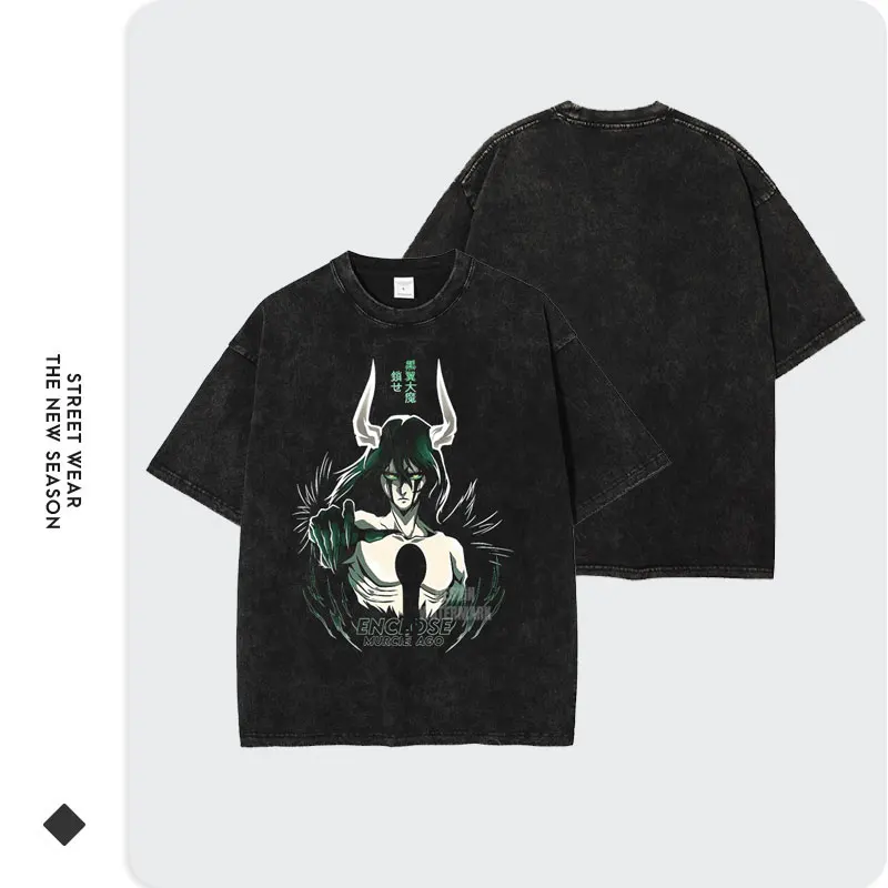 Bandai Anime B-Bleach T Shirt Oversized Vintage Washed Unohana Retsu T-shirts Retro Harajuku Renji Uryuu Ichigo Tops Tees Man