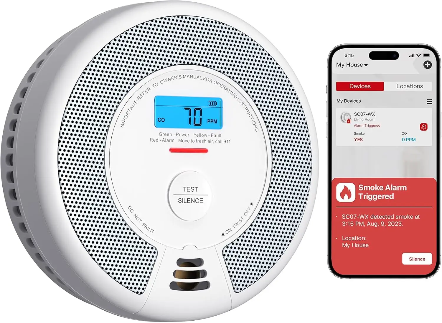 

Smart Smoke Detector Carbon Monoxide Detector Combo with Replaceable Battery, Wi-Fi Smoke and Carbon Monoxide Detector w