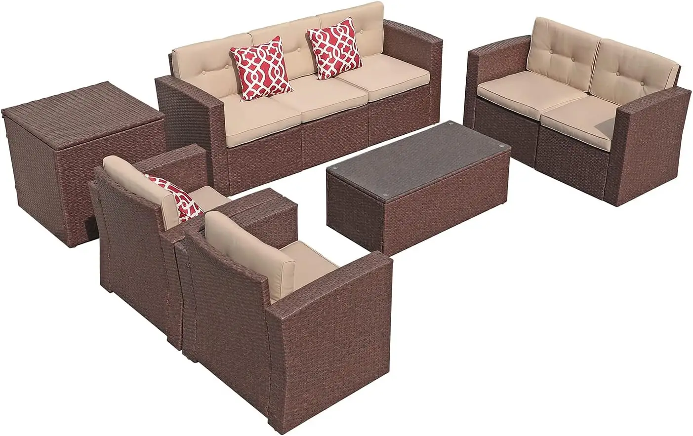 Super Pátio Rattan Outdoor Furniture Set com caixa de armazenamento e vidro temperado Coffee Table, 9 pcs