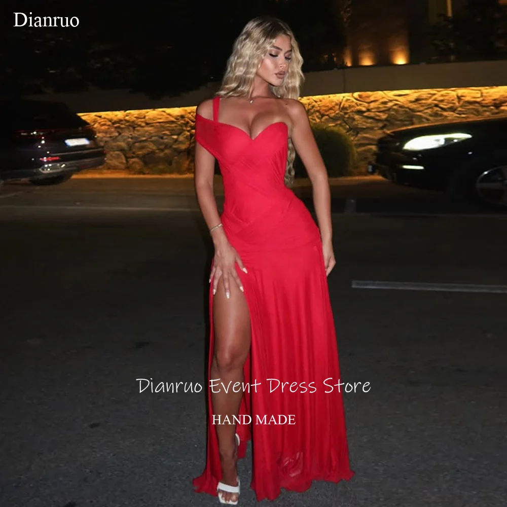 

Dianruo Side Slit Vibrant Evening Dresses A Line Pleated Birthday Dresses Red Chiffon Dresses For Special Occasions Customized
