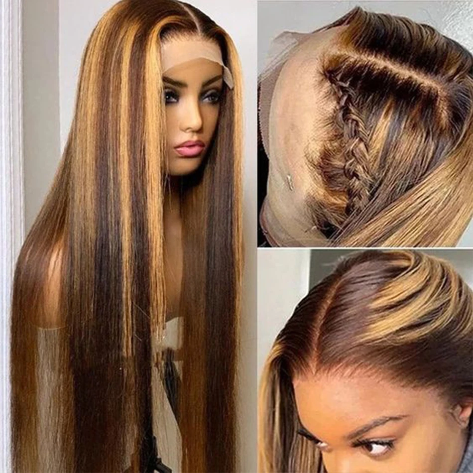 44 46 Inch 13x4 HD P4/27 Highlight Straight Lace Front Wigs Human Hair Wigs 200 Density 13x6 Transparent Full Lace Frontal Wigs