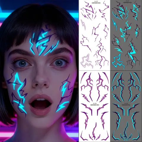 2pcs Glow in The Dark Kpop Gothic Women Face Temporary Tattoos -Cool Blue Purple Lightning & Vein Body Art Waterproof Tattoos