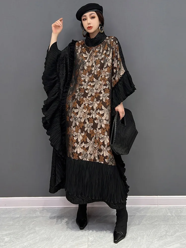 SHENGPALAE Women's Dress Print Splice Design Bat Sleeve Loose Round Neck Ruflles Midi Dresses Fashion Female Y2k Clothes 5WA170