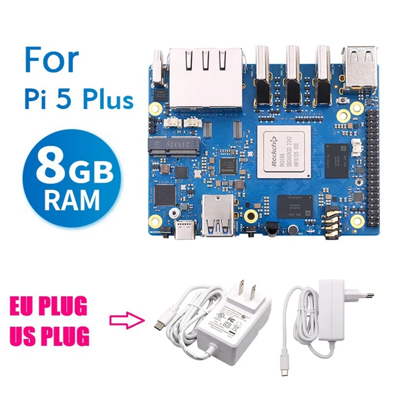 

For Orange Pi 5 Plus Development Board Set 8GB RK3588 64Bit 2.5G M.2 Slot Support 2230 Wi-Fi 6 BT Module Kit EU Plug