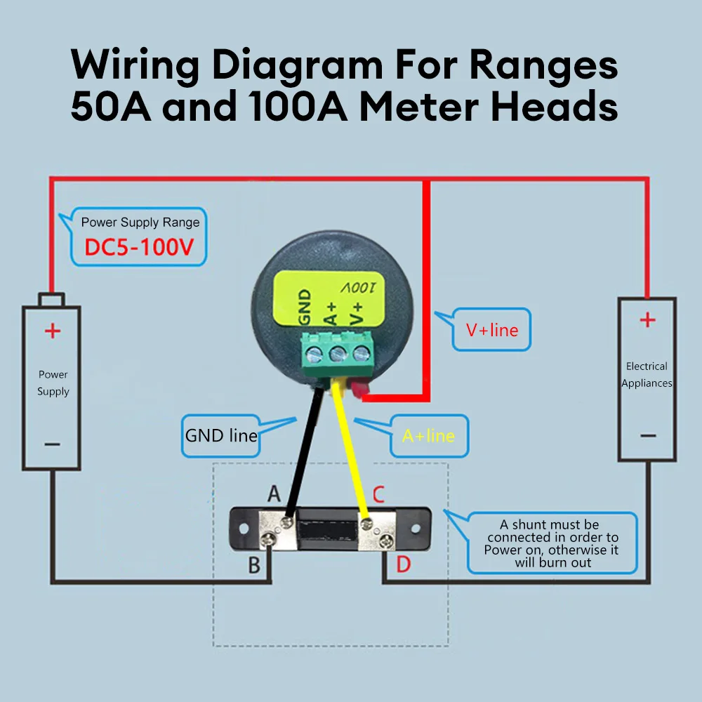 Voltímetro e amperímetro com display duplo LED circular DC 5-100V 1A, 10A, 50A, 100A Voltímetro e amperímetro automotivo, detector de tensão