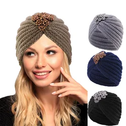 Muslim Jewelry Woolen Turban Bohemian Style Autumn Winter Warm Knitted Cap Fashion Soft Women Hair Accessories Female Hat Bonnet