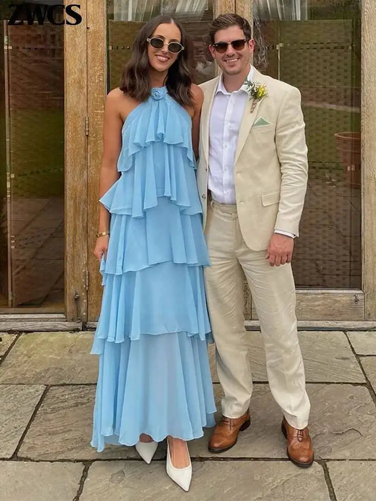 3d flor babados em camadas vestidos femininos elegante chiffon sem costas sem mangas fofo vestido longo 2025 verão nova senhora praia robes