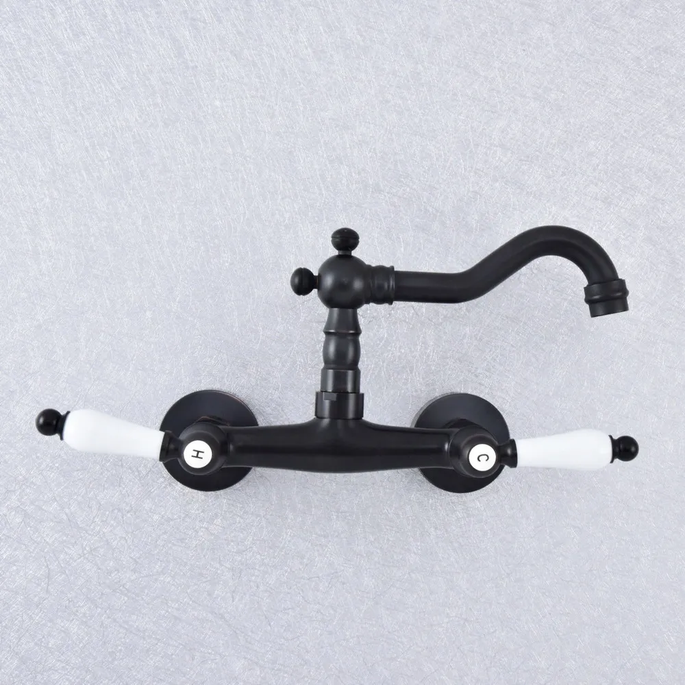 

Kitchen Wet Bar Bathroom Vessel Sink Faucet Black Oil Rubbed Brass Wall Mounted Swivel Spout Mixer Tap Dual Ceramic Lever msf753