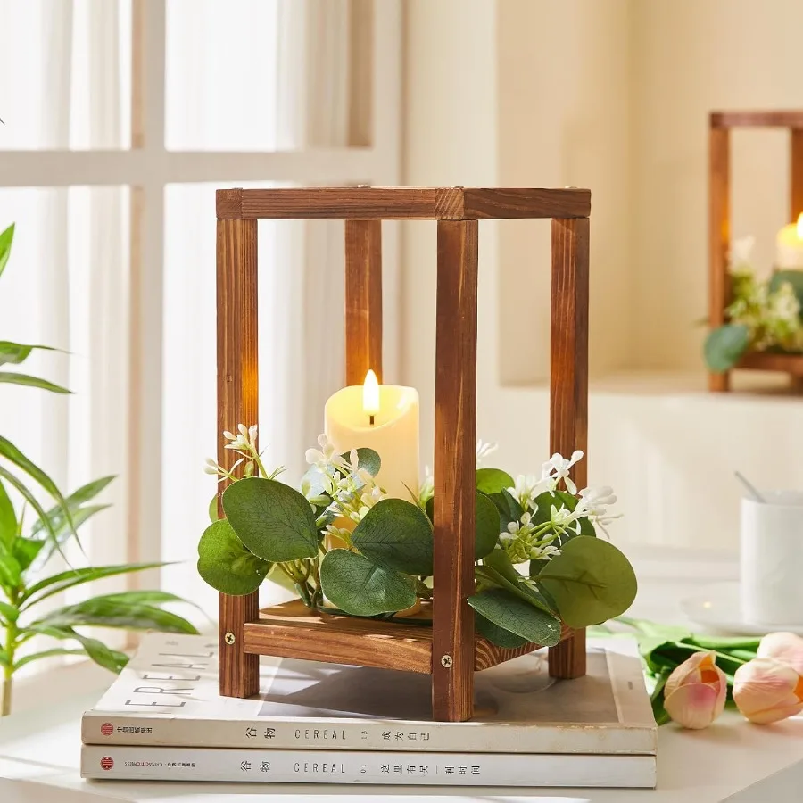 Juego de 48 Uds. De 16 unidades de centro de mesa de farol de boda de madera con 16 soportes, 16 velas y 16 coronas para decoración rústica de mesa en un conteo