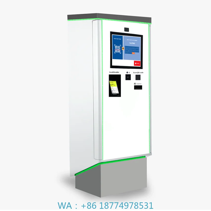 

Система управления гаражом для парковки. Платежный киоск самообслуживания с сенсорным экраном и считывателем QR-кодов с несколькими монетами.