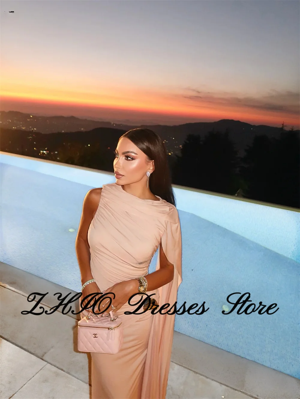 ZHIO Abito da sera in crêpe champagne o collo senza maniche sirena abiti da cerimonia formale pieghe eleganti abiti da ballo personalizzati