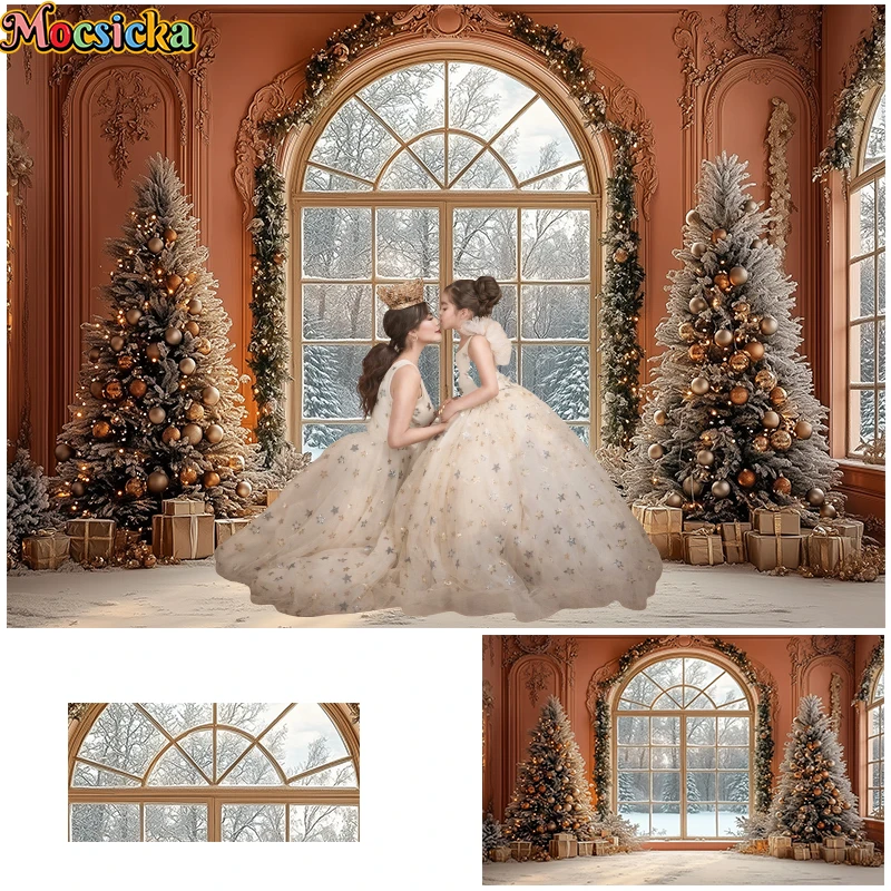 Mocsicka พื้นหลังสำหรับถ่ายภาพในช่วงฤดูหนาวของตกแต่งต้นคริสต์มาสย้อนยุคของขวัญสำหรับเด็กรูปครอบครัวฉากหลังสตูดิโอถ่ายภาพ