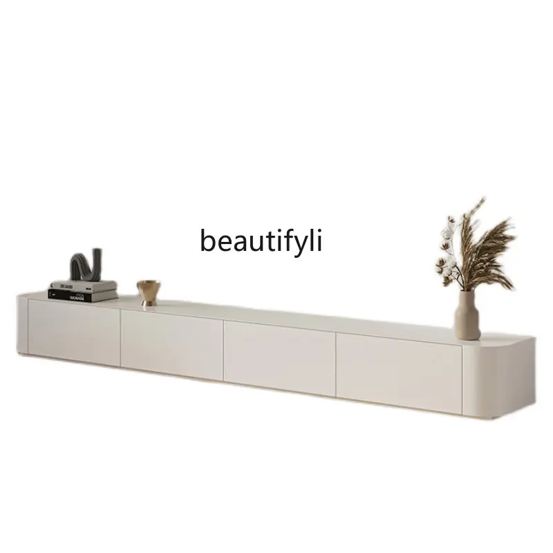 

Cream Style White Floor TV Cabinet Modern Minimalist Log Household Solid Wood TV Stand Tea Table