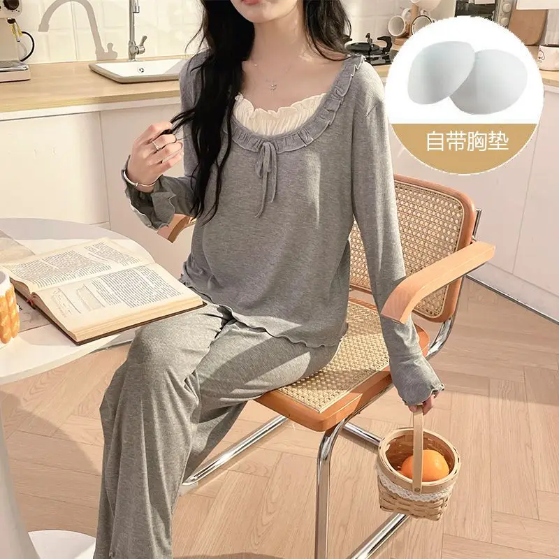 أطقم بيجامات قطنية مشروط بأكمام طويلة لربيع وخريف 2026 للنساء ملابس نوم كورية لطيفة بفيونكة ملابس منزلية ملابس بيجاما موهير #2