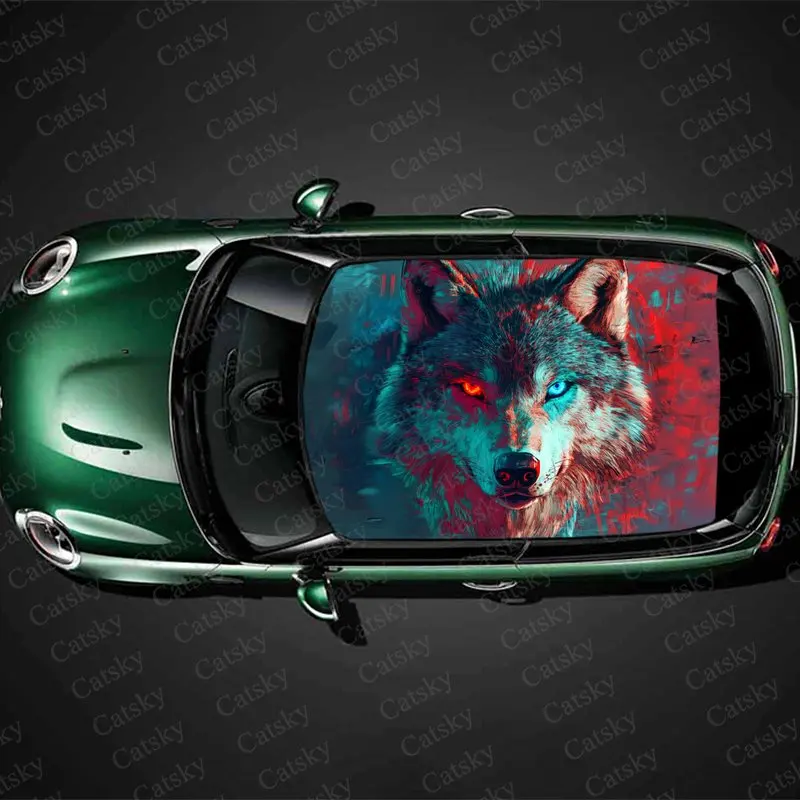 

Galaxy Wolf with Red Eye Print Car Roof Sticker Wrap Racing SUV Auto Accessories Packaging PVC Car Hood Graphic Decal Decoration