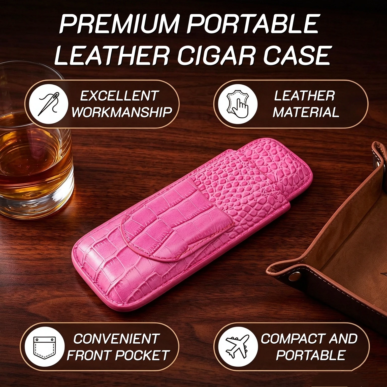 Portable 2-Finger Leather Cigar Case Croc Embossed Travel Cigar Holder with Stainless Steel Cutter,Multiple Colors Available