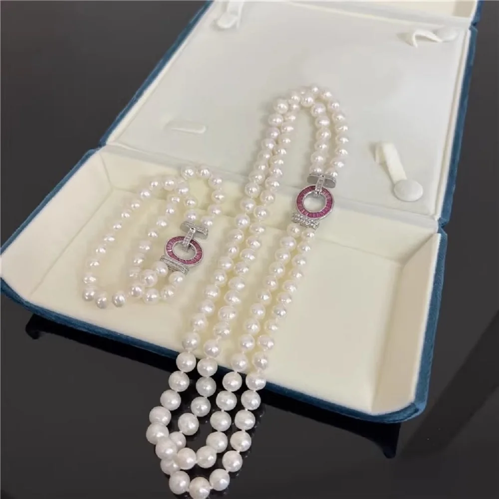 2 rows of pearl necklace AAA+7-8 millimeters South Sea white round pearl necklace 18-20 inch +2 rows of bracelets7.5-8 inch925s