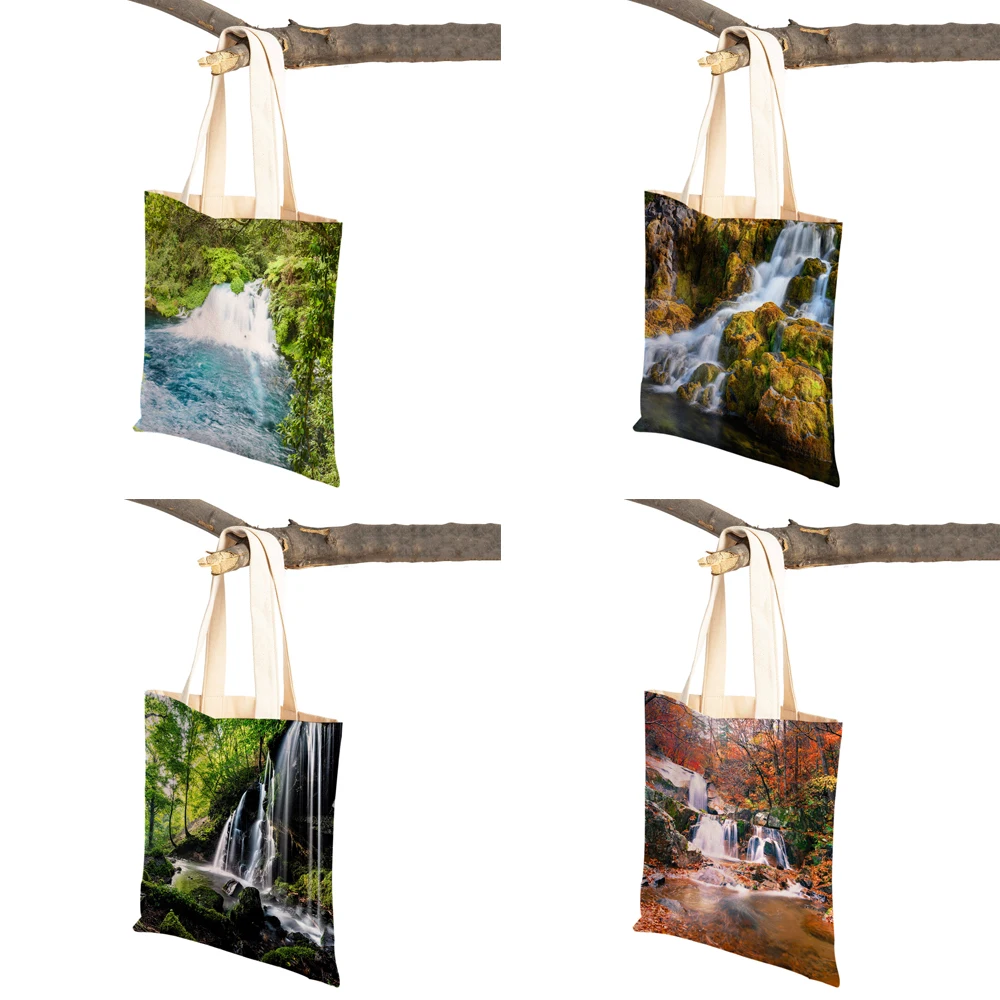 Beautiful Scenery Waterfall Travel Tote Lady Handbag Both Sided Reusable Casual Canvas Women Shopping Bag Children Shoulder Bags