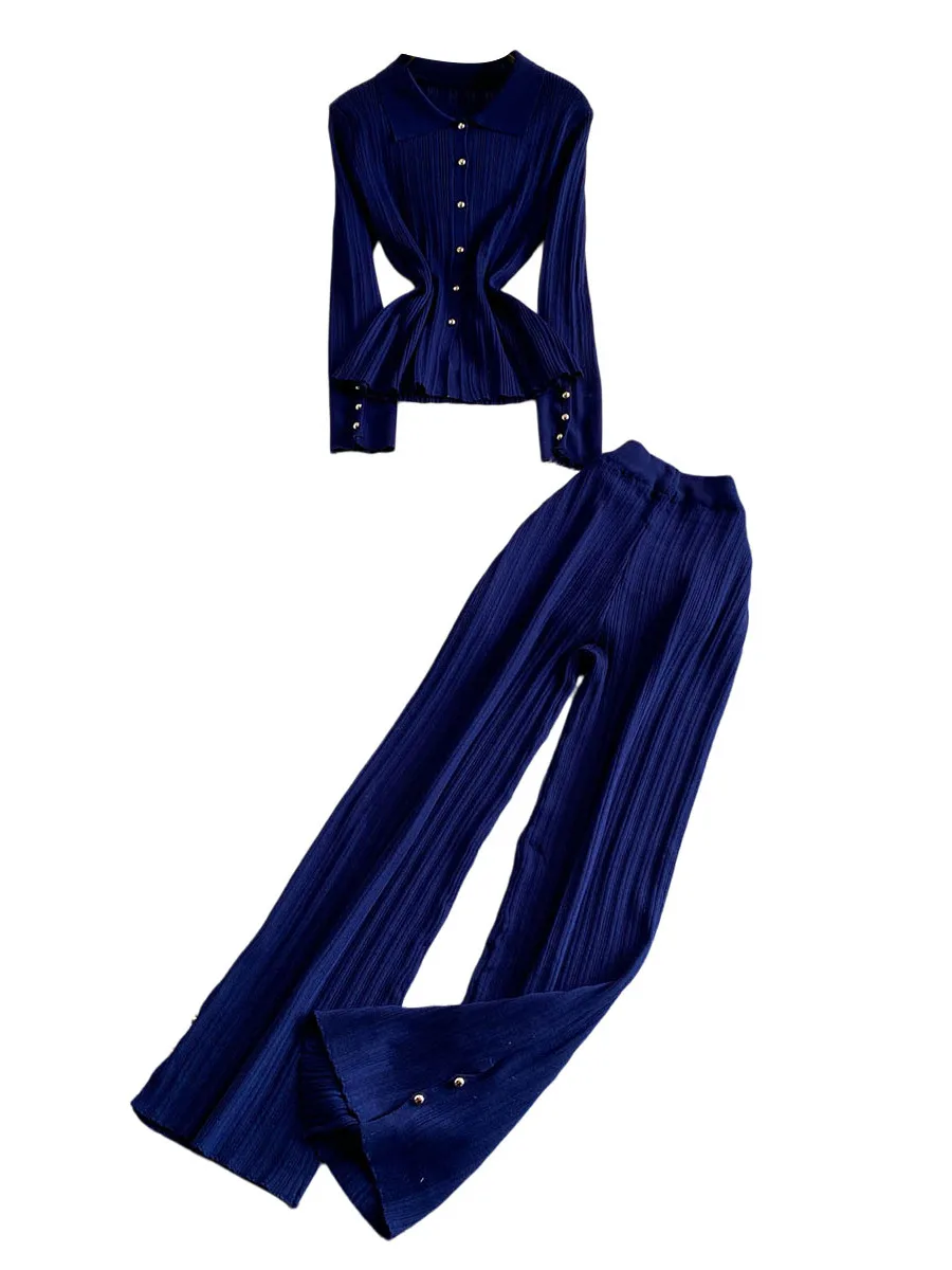 Fall Winter Commute Fashion Metal Buckle Long Sleeve Knitted High Waist Slimming Pleated Wide Leg Pants Two Piece Set