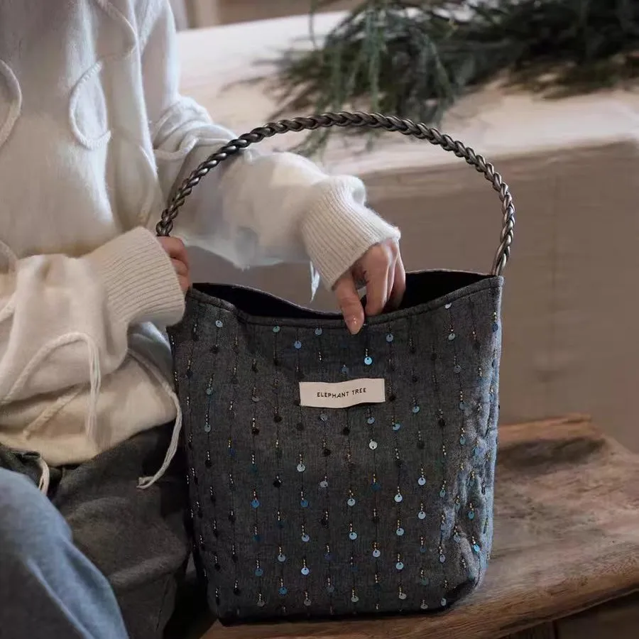 Elegant Peacock Blue Sequin Hobo Bucket Bag Women 28x32cm Large Capacity PU Strap Shoulder Crossbody Commute Gift