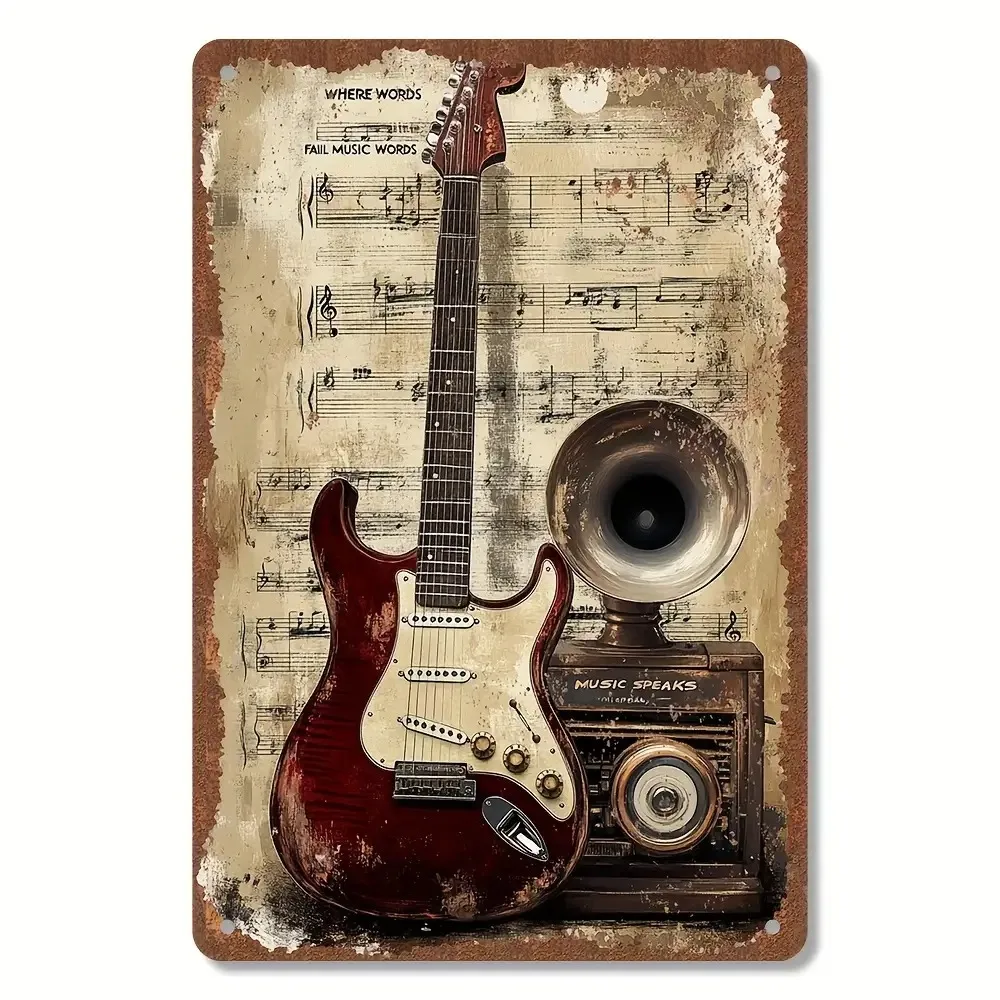 CIFBUY Vintage Electric Guitar Gramophone Aluminum Wall Art, Waterproof Metal Sign for Home Bar Cafe Decor
