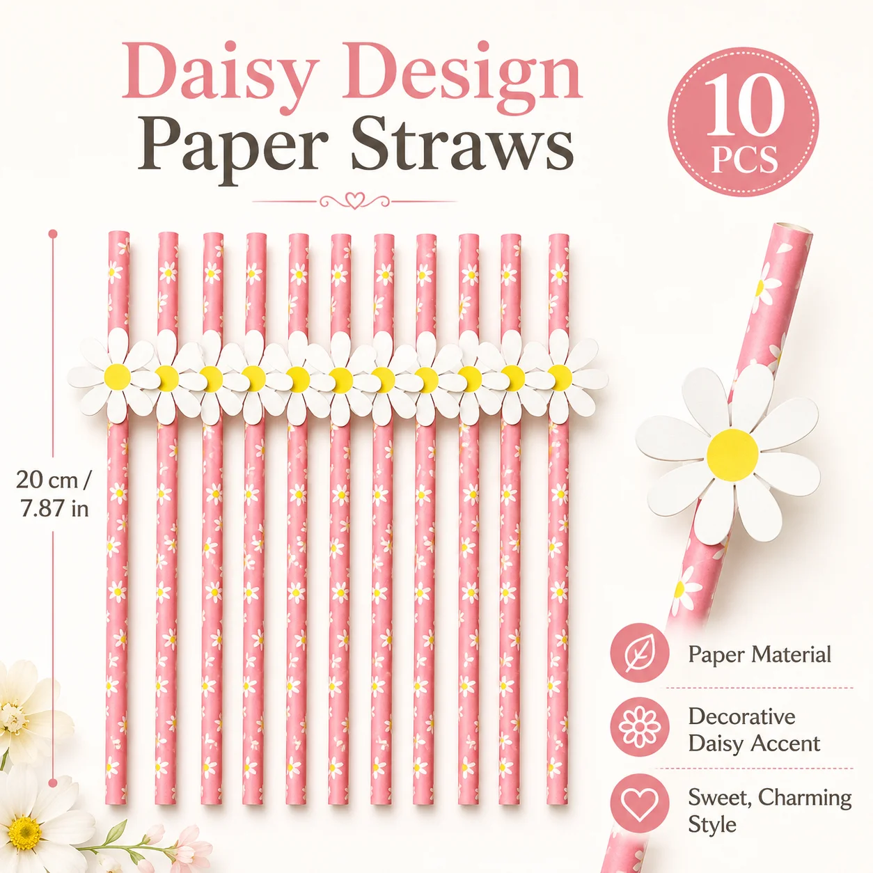 Pink Daisy Floral Paper Straws White Daisy Cutout Disposable Straws Spring Wedding Baby Shower Floral Party Table Decorations